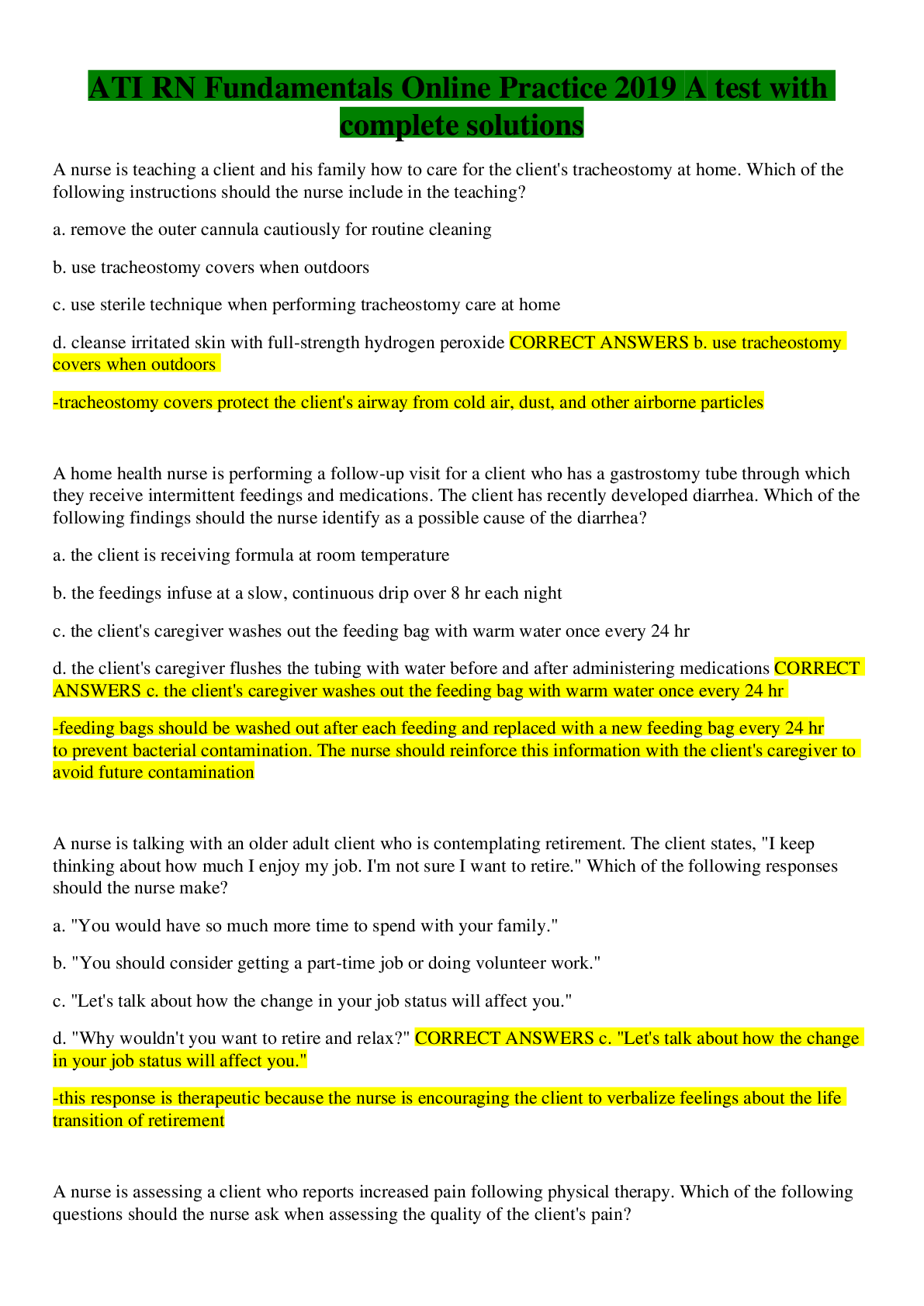 Preview image for ATI RN Fundamentals Online Practice 2019 A test with complete solutions